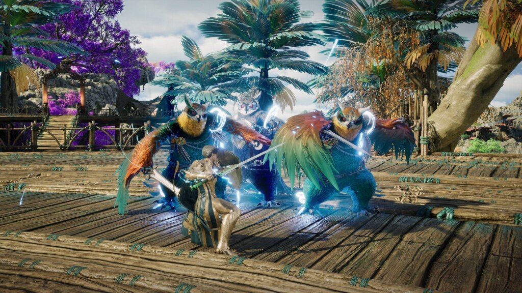 AION 2 sword fighter battling bird beastmen on a wooden deck