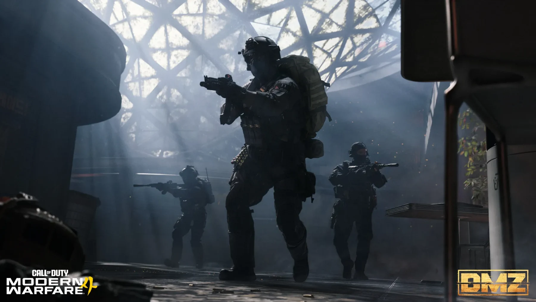 Three operators clear a damaged building during a Modern Warfare 4 DMZ squad deployment