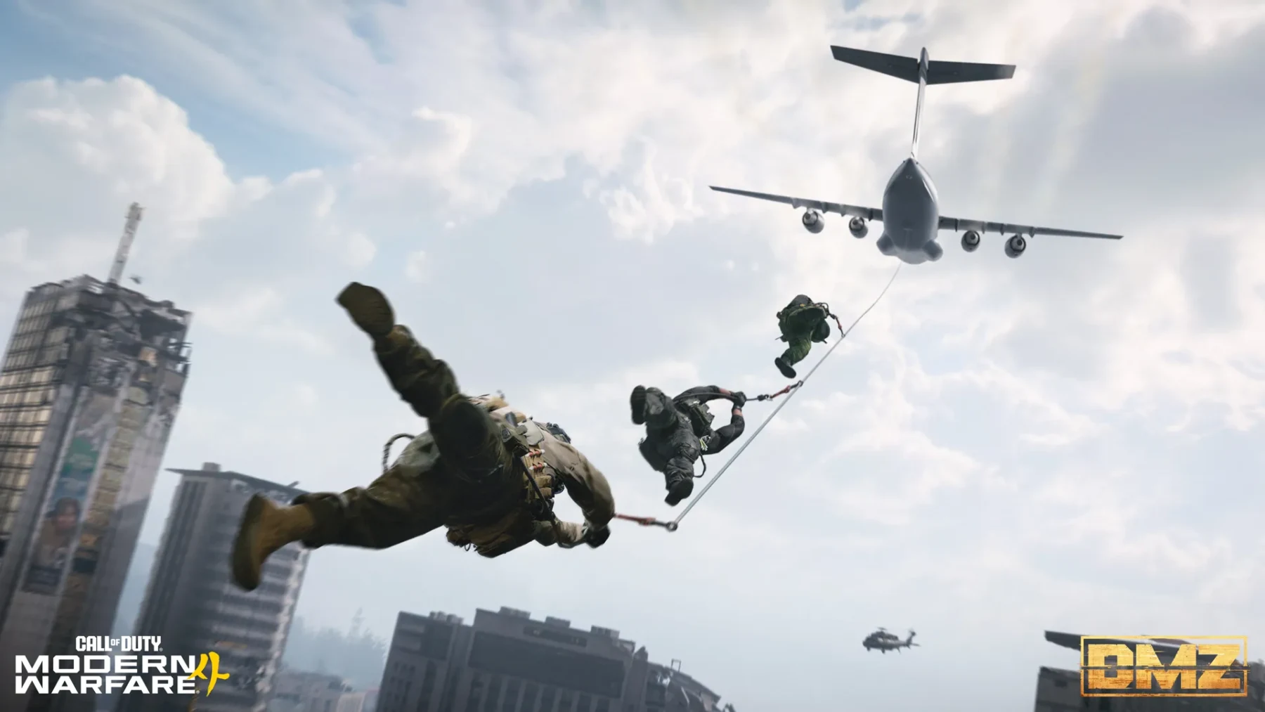 Modern Warfare 4 DMZ operators reach a skyhook extraction above Hajin