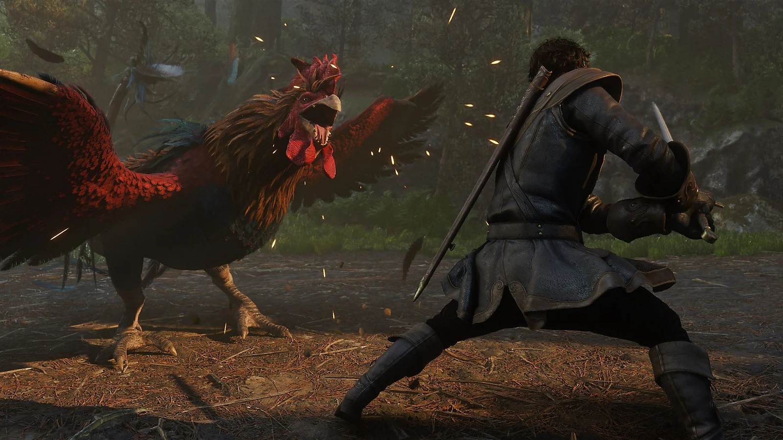 Fable hero battles a giant rooster with melee combat