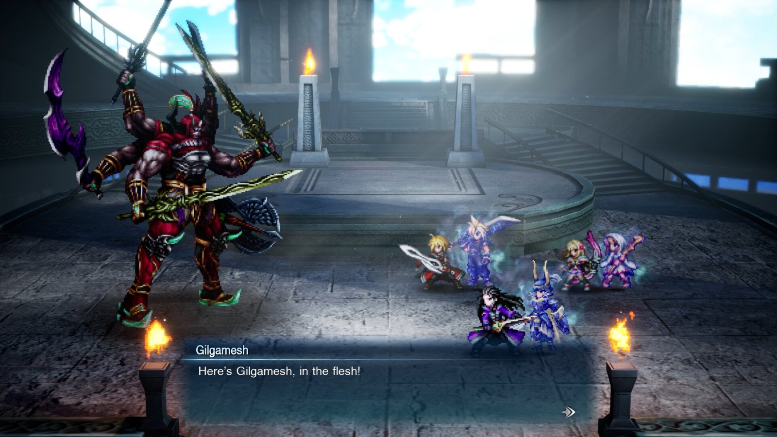 Gilgamesh boss fight in Final Fantasy Resonance with the party facing the armored swordmaster