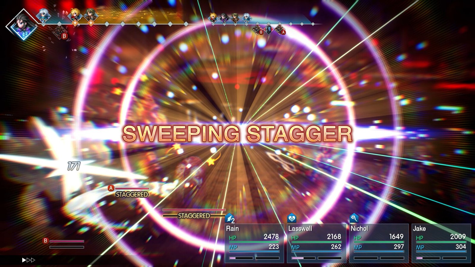 Sweeping Stagger attack in Final Fantasy Resonance with bright effects over the battle
