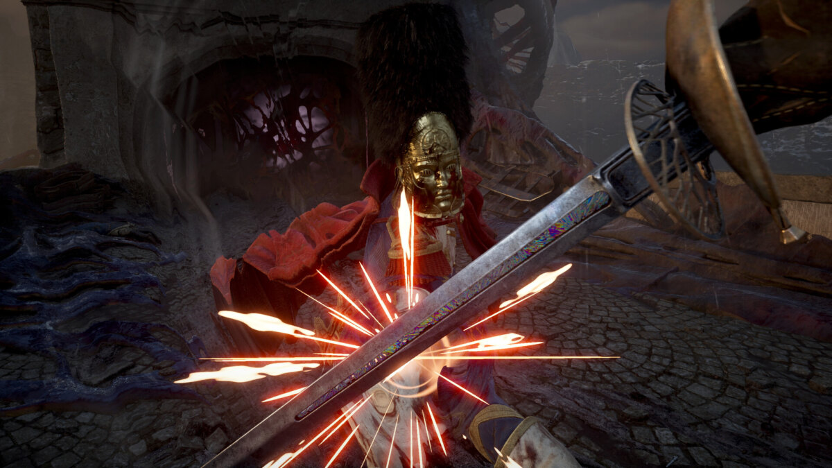 Valor Mortis gameplay: a saber parry against an armored enemy