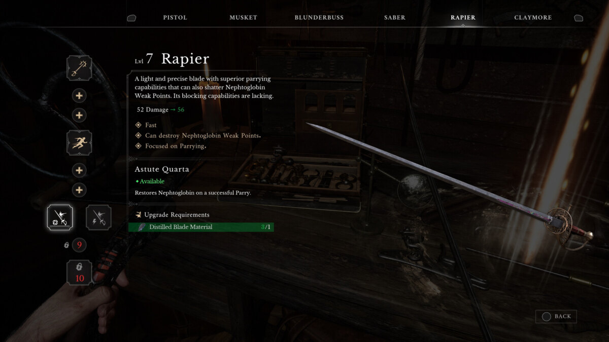 Valor Mortis upgrade screen for the Rapier