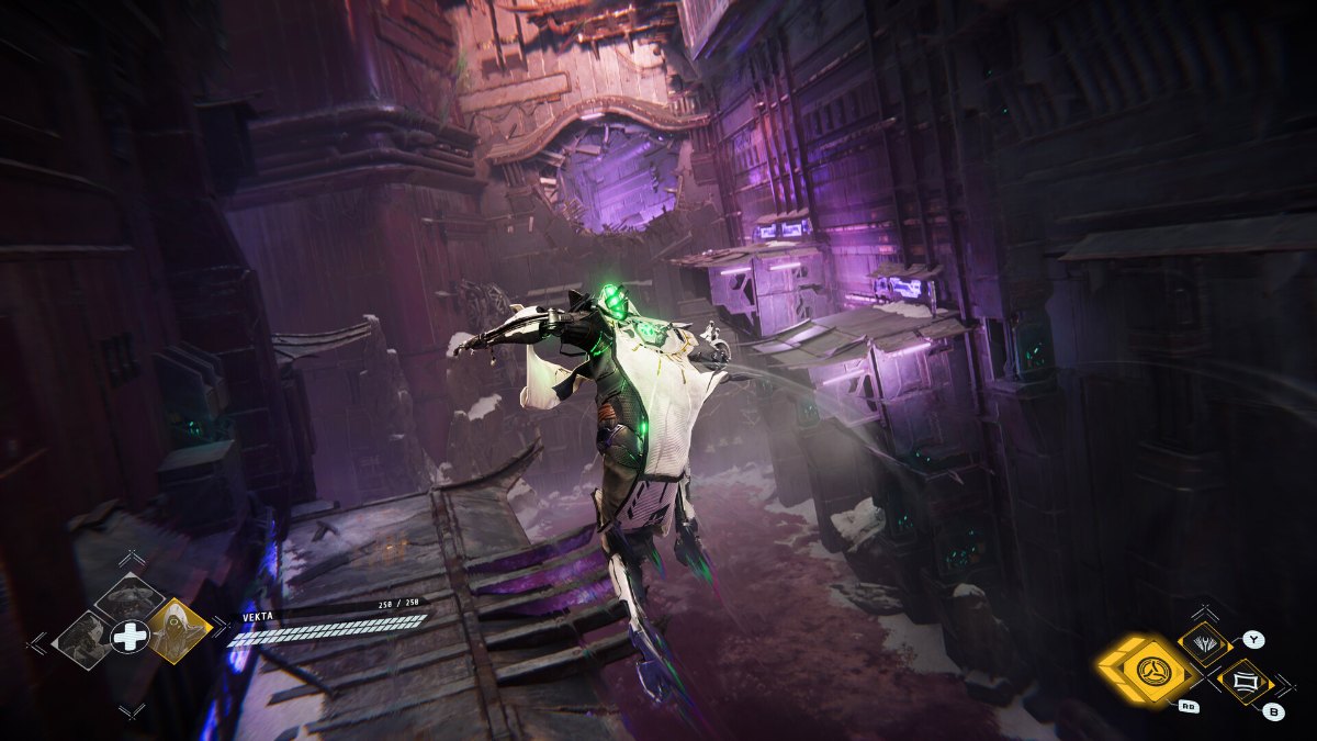 Morbid Metal character crossing a ruined street, official screenshot