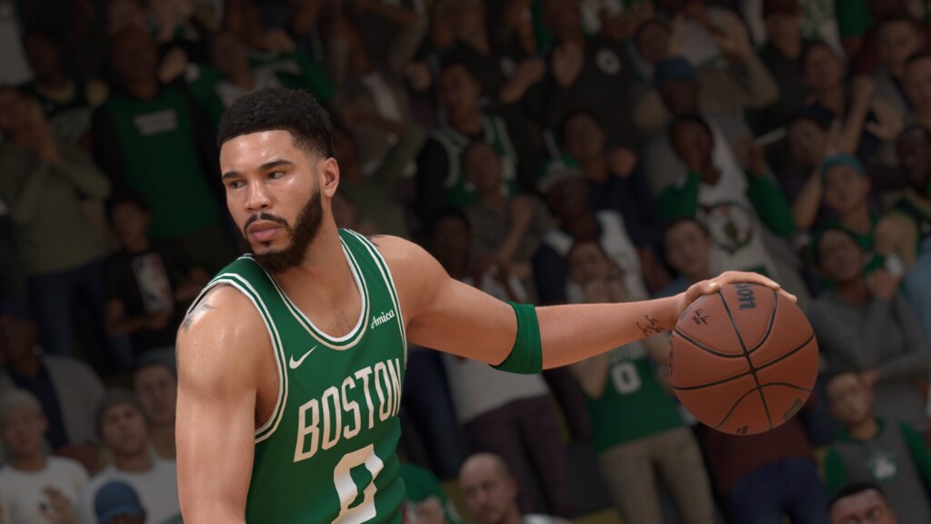 A Boston Celtics player dribbling the ball in NBA 2K25