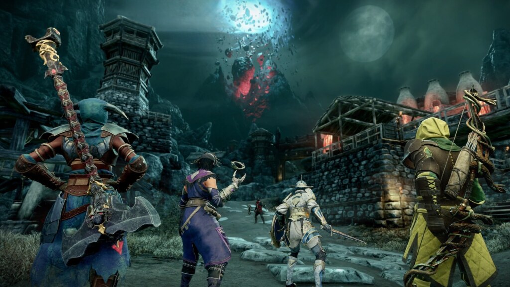 Players fighting corrupted enemies at night in New World: Aeternum