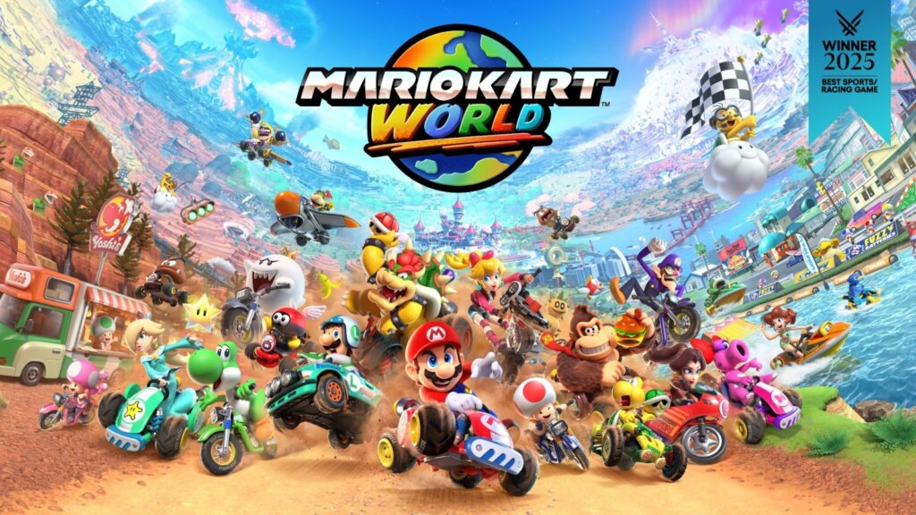 Mario Kart World key art with Mario and friends racing