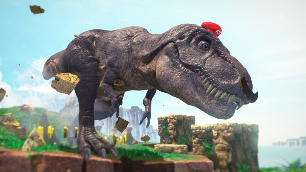Mario capturing a tyrannosaurus in Super Mario Odyssey