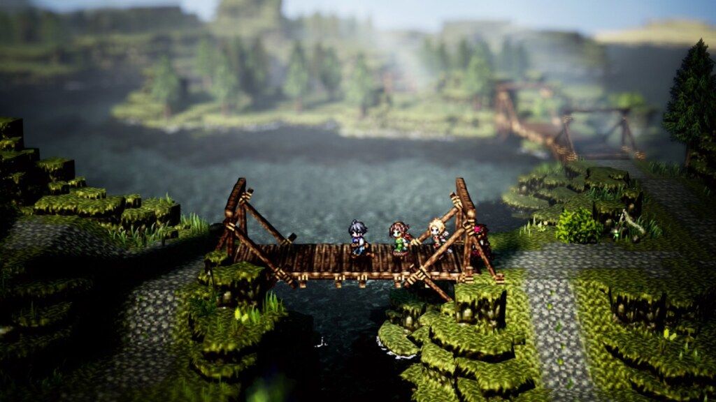 Octopath Traveler 0 party crossing a wooden bridge over a lake