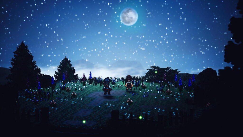 Octopath Traveler 0 party in a field under a starry night sky
