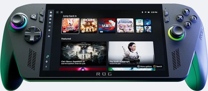 ROG Xbox Ally X handheld with the Xbox game library on screen