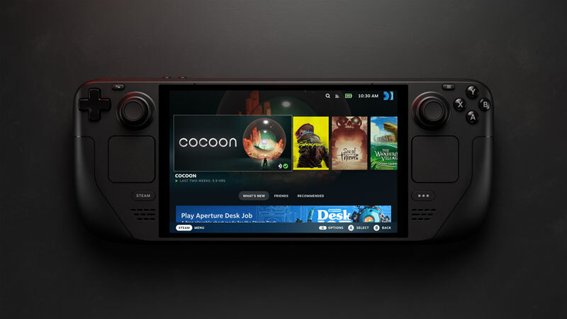Steam Deck handheld showing the Steam library on screen