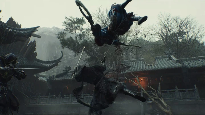 Soul leaping at an enemy in a misty mountain village in Phantom Blade Zero