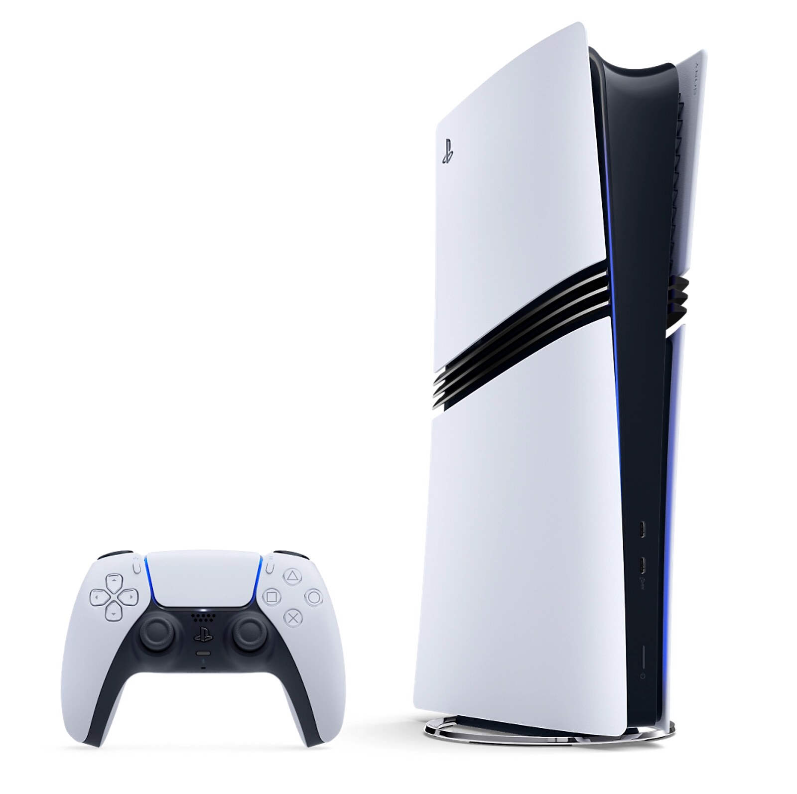 PS5 Pro console standing next to a DualSense controller