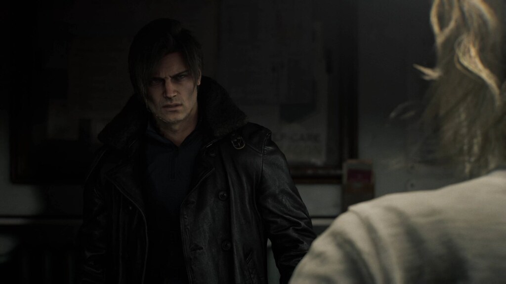 Close up of Leon S. Kennedy in a dark room