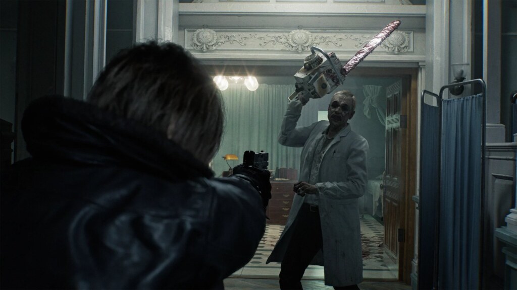Leon S. Kennedy aiming at a zombie doctor holding a chainsaw