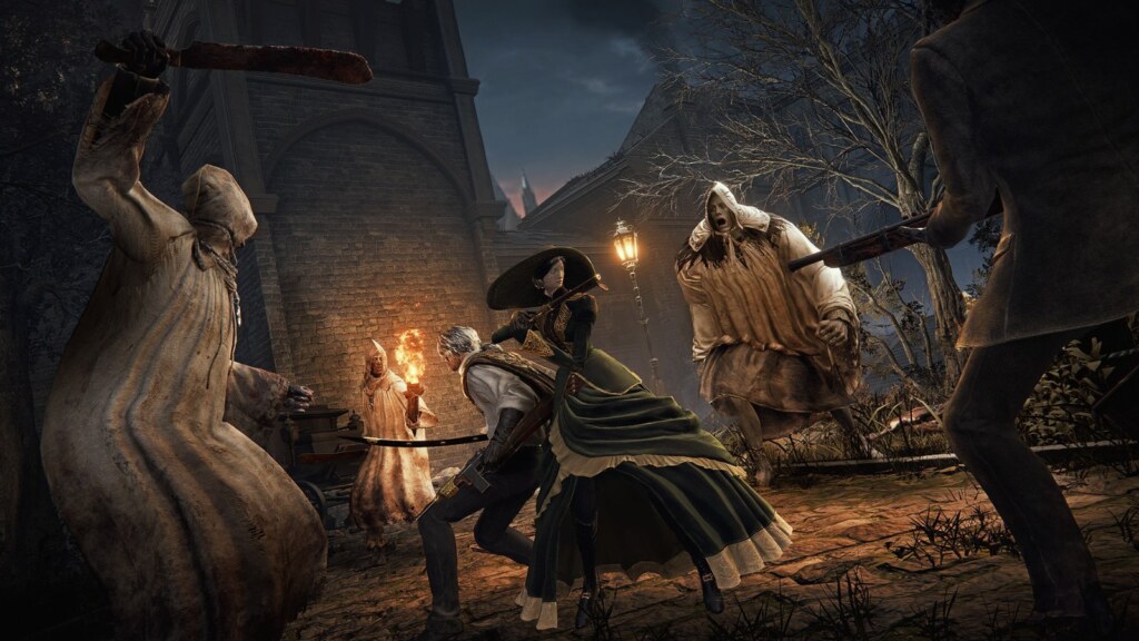 Several players battling in a candlelit hall