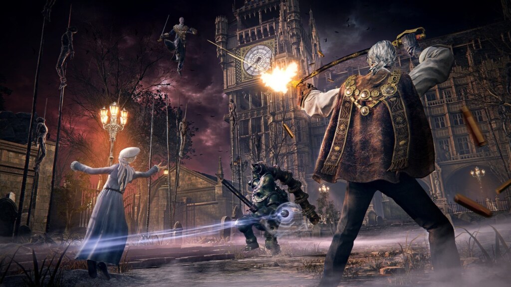 Players fighting a beast on a gothic street in The Duskbloods