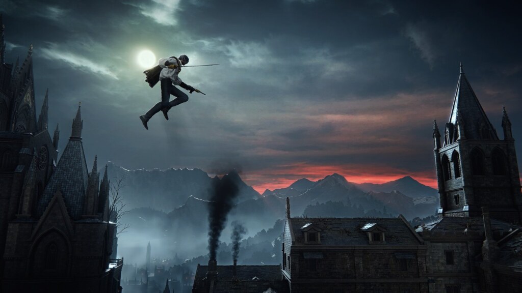 A Bloodsworn leaping over gothic rooftops at dusk