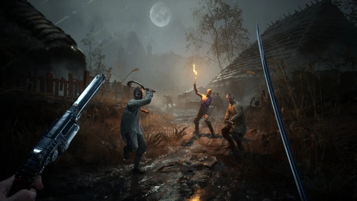 Valor Mortis gameplay: the player faces villagers with torches at night