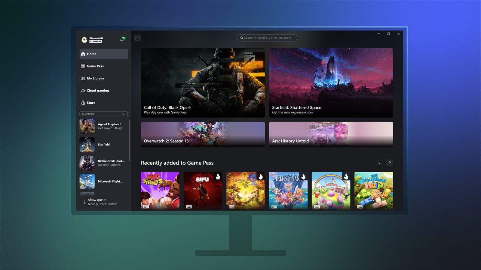 Xbox app on Windows with Cloud gaming in the sidebar next to Game Pass and My Library