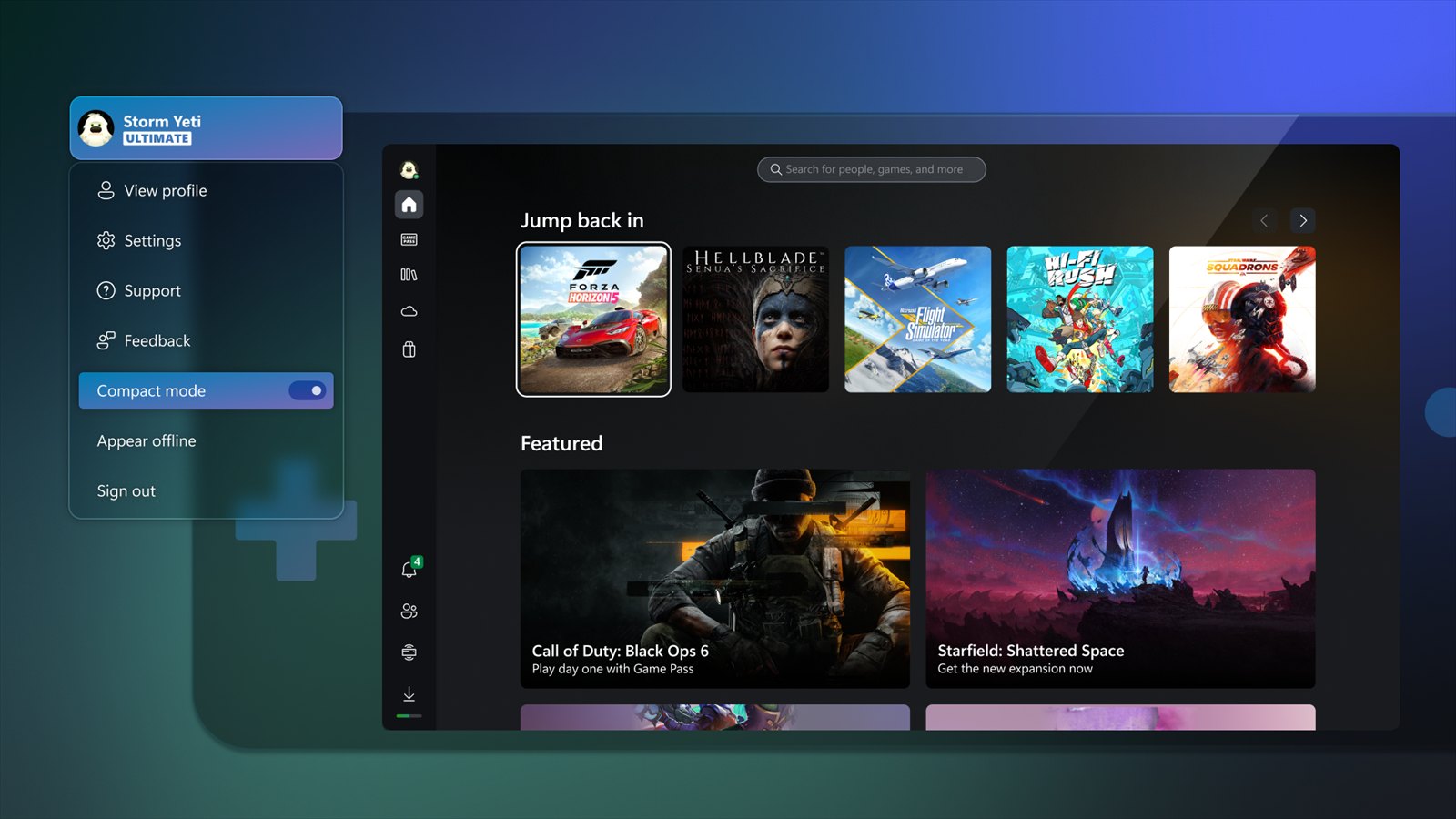 Xbox app compact mode for handheld PCs with the Jump back in row