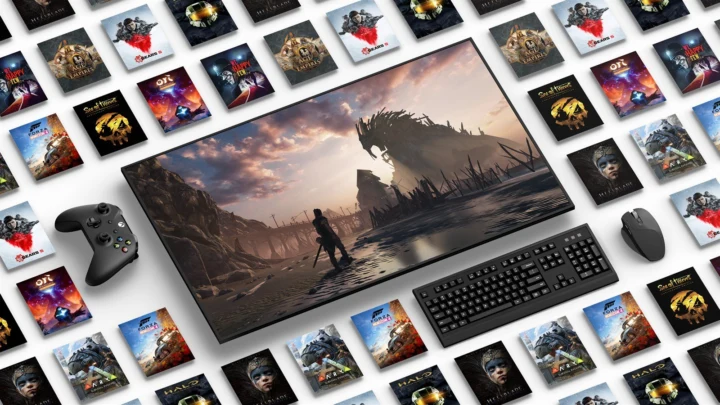 Xbox app hero art with a PC monitor, an Xbox controller and Game Pass game covers