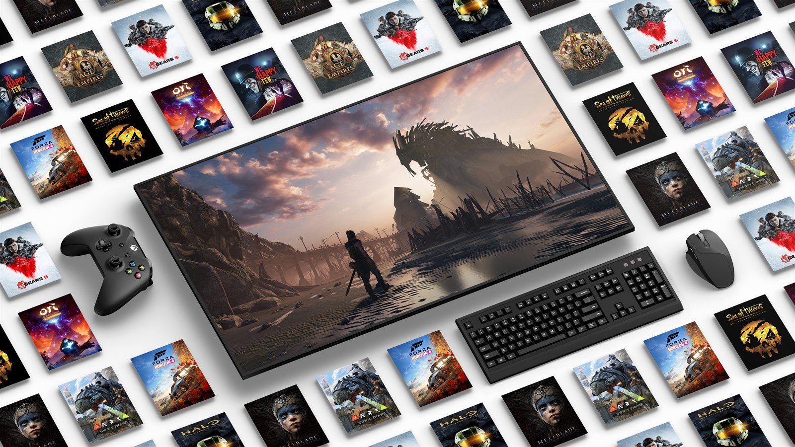 Xbox app hero art with a PC monitor, an Xbox controller and Game Pass game covers
